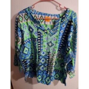 Ruby Rd Multicolor Geometric 3/4 Sleeve V-neck Blouse Sz 2X